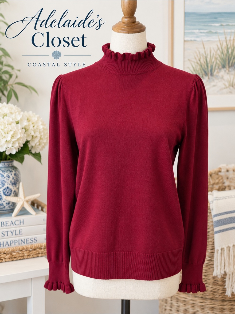 CeCe Ruffle Mock Neck Sweater Burgundy Red Size Women’s Large